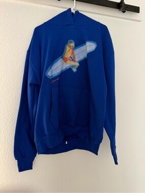 Bright Blue Pullover Hoodie with Surf Graphic